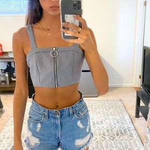 Faux Suede Zip-Up Crop Top